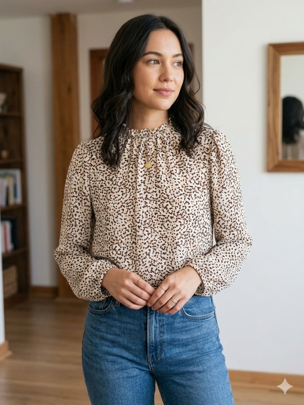 Ann Taylor Cream Leopard-Print Long Sleeve Blouse